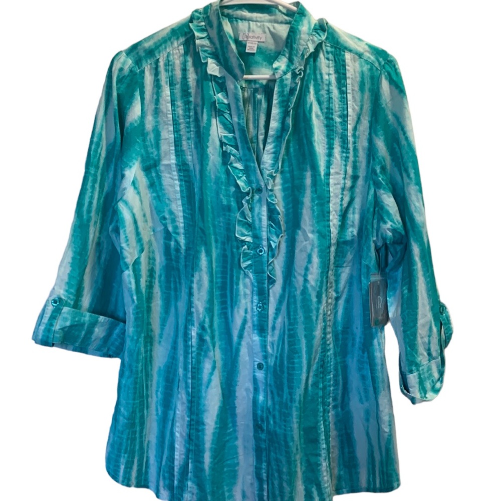 Relativity Cotton Turquoise & White 3/4 Sleeve Blouse Size 1X